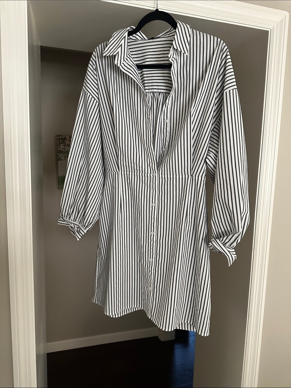 Express Black and White Vertical Stripe Button-Front Tunic